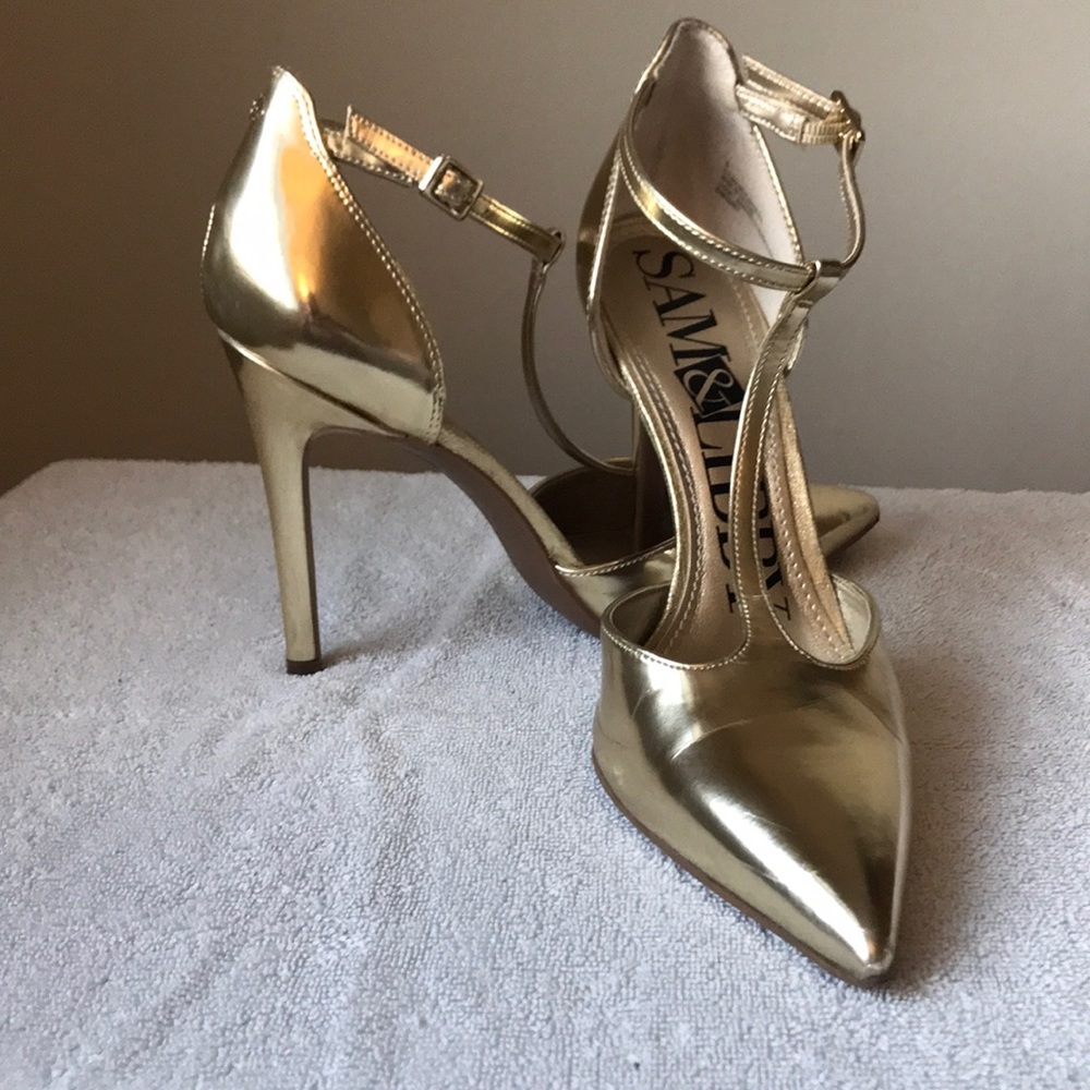 Sexy metallic gold stilettos with ankle strap